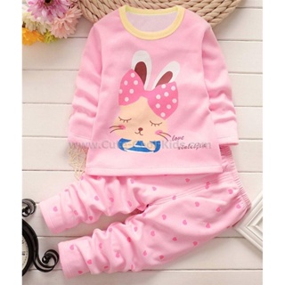 PJK-104 ชุดนอนเด็ก ผ้าหนา สีชมพู ลาย กระต่าย Size-90 (1-2Y)