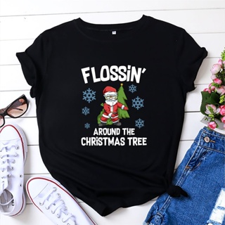 ⚡️ พร้อมส่ง⚡️ Flossin Christmas Womens Tops Letter T-shirt Cotton Short Sleeve Loose Harajuku Vintage Graphic Tee