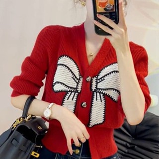 พร้อมส่ง เสื้อแจ็กเก็ต คาร์ดิแกน ผ้าถัก ปักลายโบว์ สไตล์ตะวันตก ลดอายุ เหมาะกับฤดูใบไม้ร่วง สําหรับผู้หญิง 2022