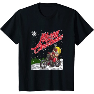 คริสต์มาส เสื้อยืด พิมพ์ลาย Merry Christmas &amp; A Happy New Year Santa Motorcycle Chopper สําหรับคริสต์มาส