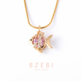 BZEBI สร้อยคอ แฟชั่น ทอง จี้รูปปลา ประดับเพทาย เครื่องประดับ 18k หรูหรา แบบเรียบง่าย สไตล์เกาหลี สําหรับผู้หญิง 488n