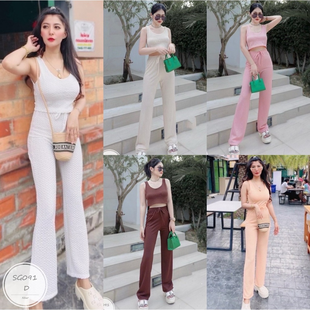 es091-เซตเสื้อครอปกางเกงขายาว-เสื้อแขนกุด-กางเกงขายาว-เอวสม้อกหลัง-แต่งเชือกผูกโบว์-งานผ้ายืดลายนูน-ทรงสวยใส่แล้วพอดี