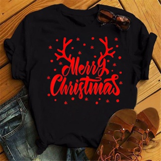 Merry Christmas Antlers Womens Fashion Tops Casual Womens O-Neck Womens Black Tops T-shirts Women T-shirtsเสื้อยืดผู้