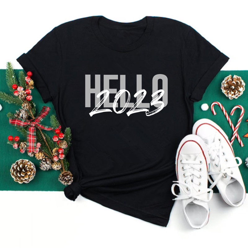 ready-stock-hello-2023-women-t-shirt-black-short-sleeve-new-year-tops-casual-christmas-teeเสื้อยืดผู้หญิง