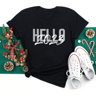 [Ready Stock] Hello 2023 Women T-shirt Black Short Sleeve New Year Tops Casual Christmas Teeเสื้อยืดผู้หญิง