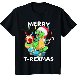 เสื้อยืดแขนสั้น ผ้าฝ้าย พิมพ์ลาย Merry T-Rexmas เหมาะกับของขวัญคริสต์มาส สําหรับผู้ชายเสื้อคู่รัก