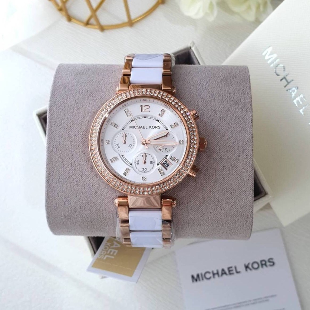 แท้-พร้อมส่ง-นาฬิกา-mk5774-michael-kors-parker-chronograph-white-dial-ladies-watch