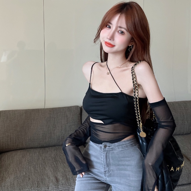 qiqi-สีดำเซ็กซี่-off-the-shoulder-ตาข่ายเย็บด้านล่างเสื้อผู้หญิงใหม่แขนแขนเสื้อยืดสลิมพอดีด้านบนเก๋ทุกการแข่งขัน