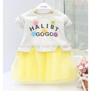 Dress-577 ชุดกระโปรง เด็กหญิงสีเทาเหลือง Size-130 (6-7Y)