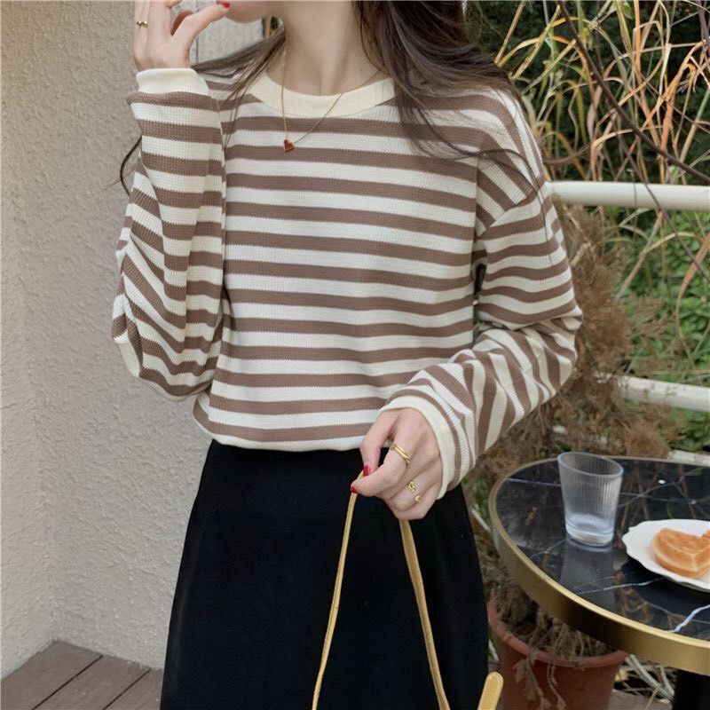 เสื้อแขนยาว ลายทาง คอกลม ไหมพรมผ้าถักหนาๆ กันหนาว สีสวยๆ #J7 | Shopee ...