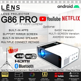 สินค้า ✨NEW✨ LENS 6000 Lumens G86 Projector FULL HD 1080P Android Mini Projector WIFI LCD Led A80 Portable Projector