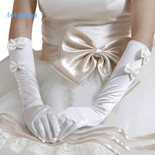 Autu ถุงมือยาว ประดับโบว์คู่ ไข่มุกเทียม สีขาว สําหรับเจ้าสาว งานแต่งงาน 1 คู่