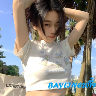 Bay- เสื้อครอปท็อป แขนสั้น พิมพ์ลายดอกไม้ สัตว์ ลําลอง ฤดูร้อน สําหรับผู้หญิง ปาร์ตี้ สตรีทแวร์