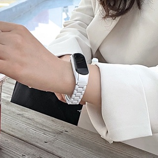สายนาฬิกาข้อมือ สเตนเลส ประดับลูกปัด สามเม็ด แบบเปลี่ยน สําหรับ Xiaomi Mi Band Series 3 4 5 6 7 NFC Version