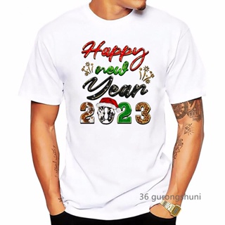 [S-5XL]ผ้าฝ้าย 100% [S-5XL]New Leopard print Hello 2023 T-Shirt Happy New Year Party Gfit Merry Christmas Tshirt Men Clo