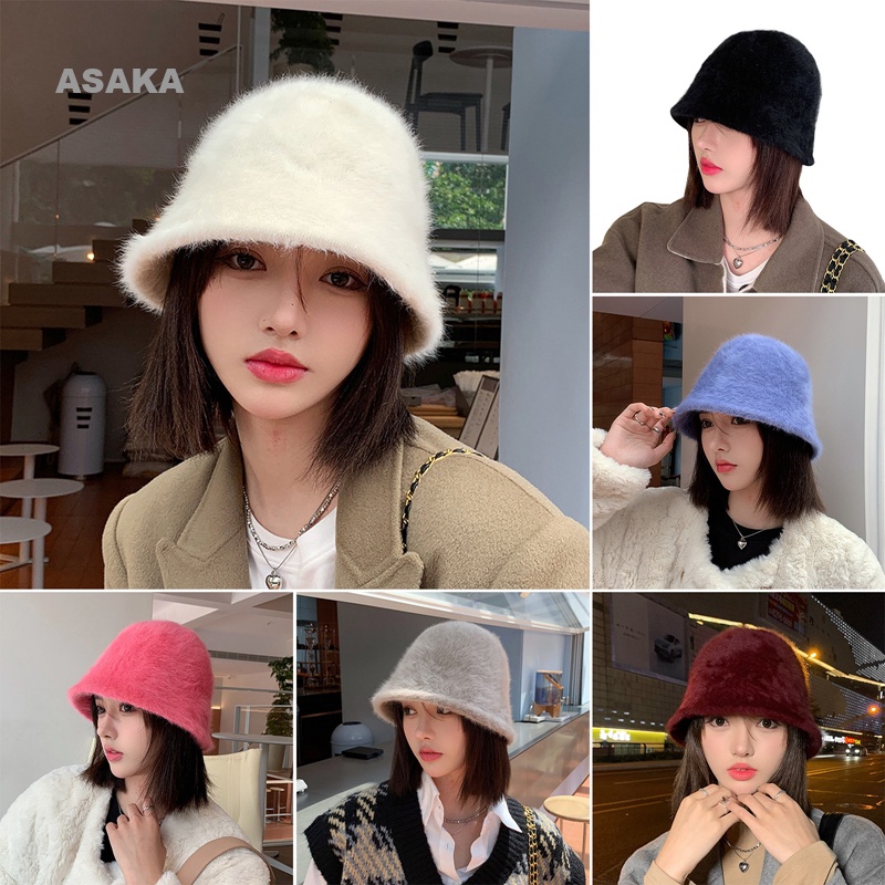 asaka-หมวกบักเก็ต-ผ้าขนแกะ-ขนเฟอร์เทียม-แบบหนา-ให้ความอบอุ่น-สีพื้น-แฟชั่นฤดูหนาว-สําหรับผู้หญิง