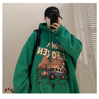 【คริสต์มาส】เสื้อกันหนาว มีฮู้ด พิมพ์ลายการ์ตูนคริสต์มาส ทรงหลวม ขนาดใหญ่ สีเขียว แฟชั่นฤดูใบไม้ร่วง และฤดูหนาว สําหรับผู้ชาย และผู้หญิง ไซซ์ M - 5XL