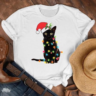 🌟พร้อมส่ง🌟เสื้อ ยืด ผู้ชาย ผู้หญิงแฟชั่นแมวตลก 90s สไตล์สุขสันต์วันคริสต์มาสวันหยุดฤดูหนาว Tshirt ดีด้านบนกราฟิกสวยเสื้อ