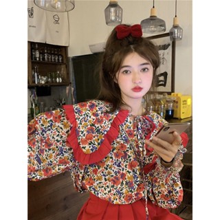 เสื้อตุ๊กตาลายดอกไม้ 2022 ฤดูใบไม้ร่วงสไตล์เกาหลีหลวมและหวานเสื้อคอตุ๊กตาพิมพ์ลายลดอายุ