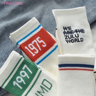 Pinkcool ถุงเท้าสเก็ตบอร์ด ผ้าฝ้าย พิมพ์ลายตัวอักษร สีขาว สไตล์เกาหลี สตรีท ฮิปฮอป สําหรับผู้หญิง 1997