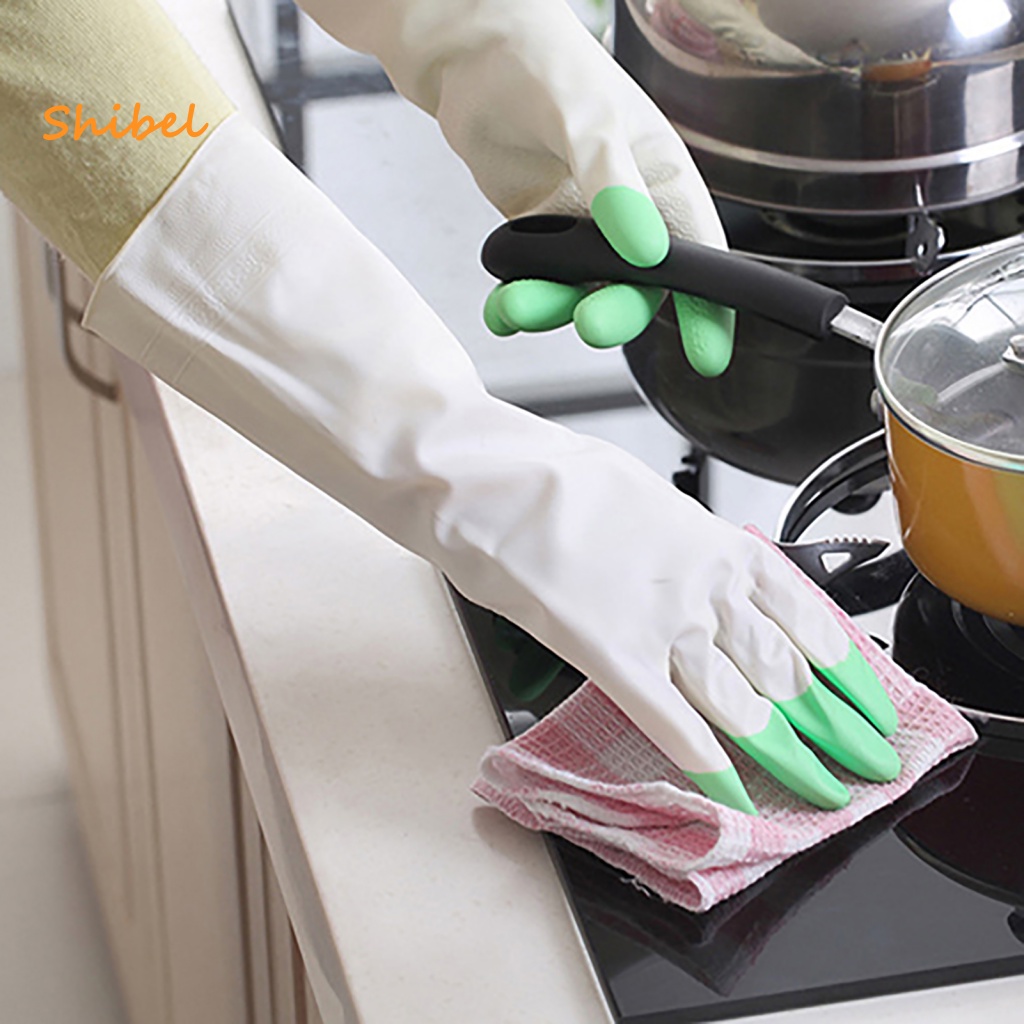 ภาพหน้าปกสินค้าShibel 1 Pair Odorless Long Sleeve Gloves for Cleaning Winter Warm Kitchen Rubber Gloves Ideal