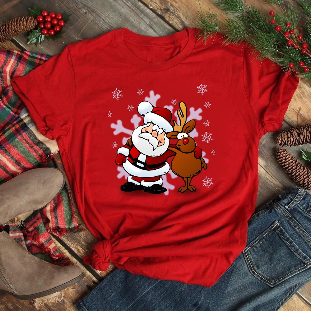 น่ารักซานตาคลอสกวาง-graphic-tee-เสื้อ-merry-christmas-เสื้อใหม่ผู้หญิงเสื้อยืดคริสต์มาสเสื้อยืดลำลองหญิงสีแดงเสื้อยืดเสื