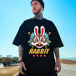 ผ้าฝ้าย 100% เสื้อยืดผ้าฝ้าย 2023 S-7XL 2023 Chinese New Year Rabbit Year Red Oversized Men T Shirt Trendy Cotton Short