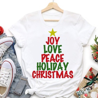 Joy Love Peac Happy Holiday T Shirt Women Merry Christmas T-shirt Female Trend Graphic Tees Xmas New Year Giftเสื้อยืดผู