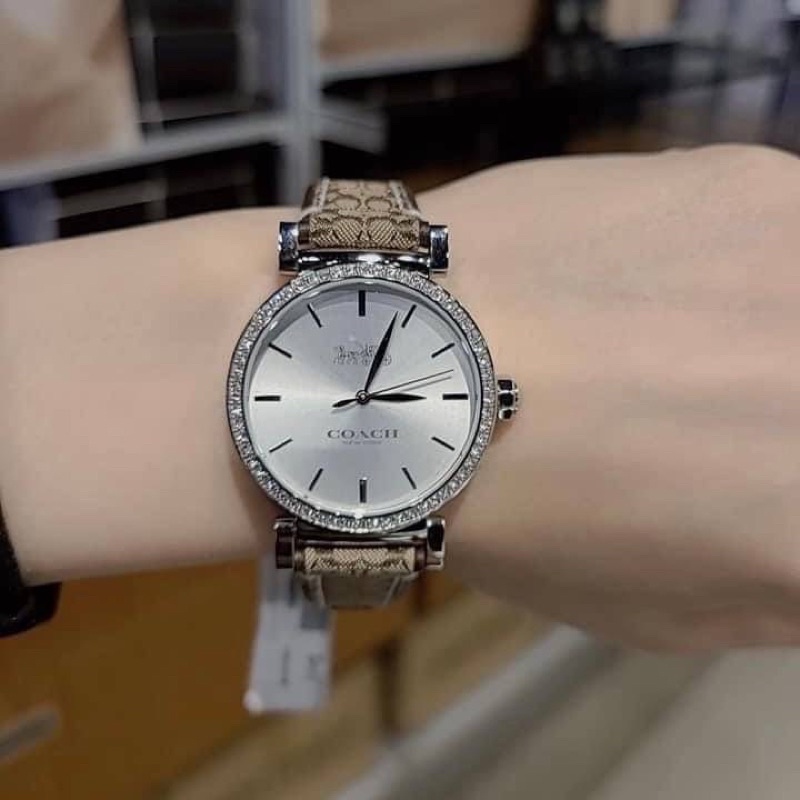 ผ่อน0-นาฬิกา-coach-madison-crystal-watch-14503549-หน้สปัดกลม-ล้อมคริสตัล-ขนาด-34-mm-สายหนัง-ลายซีสีน้ำตาล