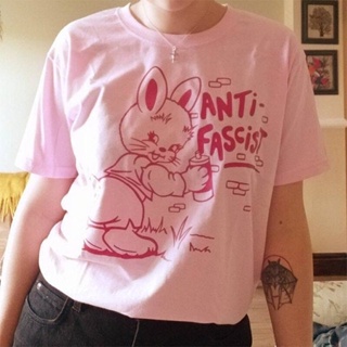 [S-5XL]ผ้าฝ้าย 100% [S-5XL]เสื้อยืดผ้าฝ้าย 2023 Anit Fascist Funny Rabbit Printed Unisex Men Women Graphic Tshirt Short