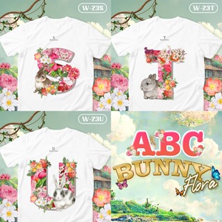 [S-5XL]ผ้าฝ้าย 100% เสื้อยืดตัวอักษรกระต่าย  ABC Bunny Flora ตัวอักษร( S T U )