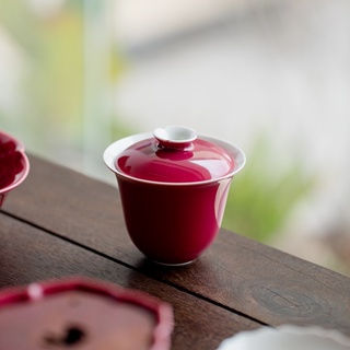 Carmine Glaze Cover Bowl [Huayun] เครื่องชงชาเซรามิค พร้อมฝาปิด [A063]
