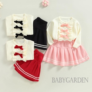 Babygarden- ชุดเสื้อแขนยาว ผ้าถัก ประดับโบว์ด้านหน้า และกระโปรงพลีท สําหรับเด็กผู้หญิง อายุ 2-7 ปี