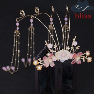 Bliss ส้อมผมเด็ก หรูหรา หรูหรา ดอกไม้โบราณ สีชมพู พู่ สไตล์จีน ผ้าโพกศีรษะ