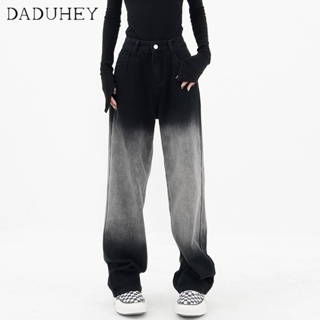 DaDuHey💕 Womens 2022 Korean Style New Black Washed Gradient Straight Jeans  High Waist Slimming All-Matching Wide Leg Pants