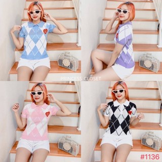 bybeyond เสื้อไหมพรม แขนสั้น คอปก กระดุมคอ 3 เม็ด ลายตารางทั้งตัว ลายหัวใจ มุมอก สไตล์เกาหลี พร้อมส่ง