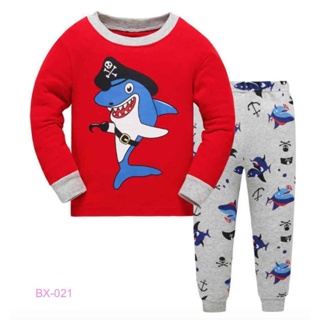 L-HUBX-021 ชุดนอนเด็กผู้ชาย ผ้าเนื้อบางนิ่ม สีแดง ลายปลาฉลาม 🚒 พร้อมส่งด่วนจาก กทม.🇹🇭