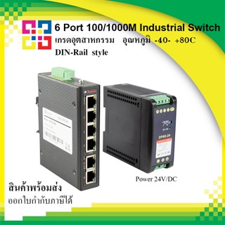 B1-IPS33064 BISMON 6 Port 10/100/1000M with 2x RJ45 Uplink Gigabit Ethernet Industrial Switch พร้อม Power supply 24V DC