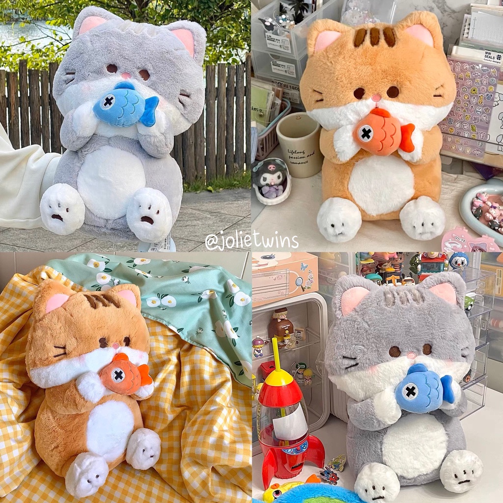 ส่งจากไทย-ตุ๊กตา-ตุ๊กตาแมว-ตุ๊กตาแมวกินปลา-ตุ๊กตาแมวญี่ปุ่น-แมวเทา-แมวส้ม-ตุ๊กตาน่ารัก-พร็อบแต่งห้อง-ของขวัญgift-ทาสแมว