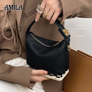 AMILA กระเป๋าสะพายข้างผู้หญิง กระเป๋าถือใบเล็ก วัสดุหนัง PU กระดุมโลหะ ลายลิ้นจี่ ดีไซน์ย้อนยุคมีสไตล์