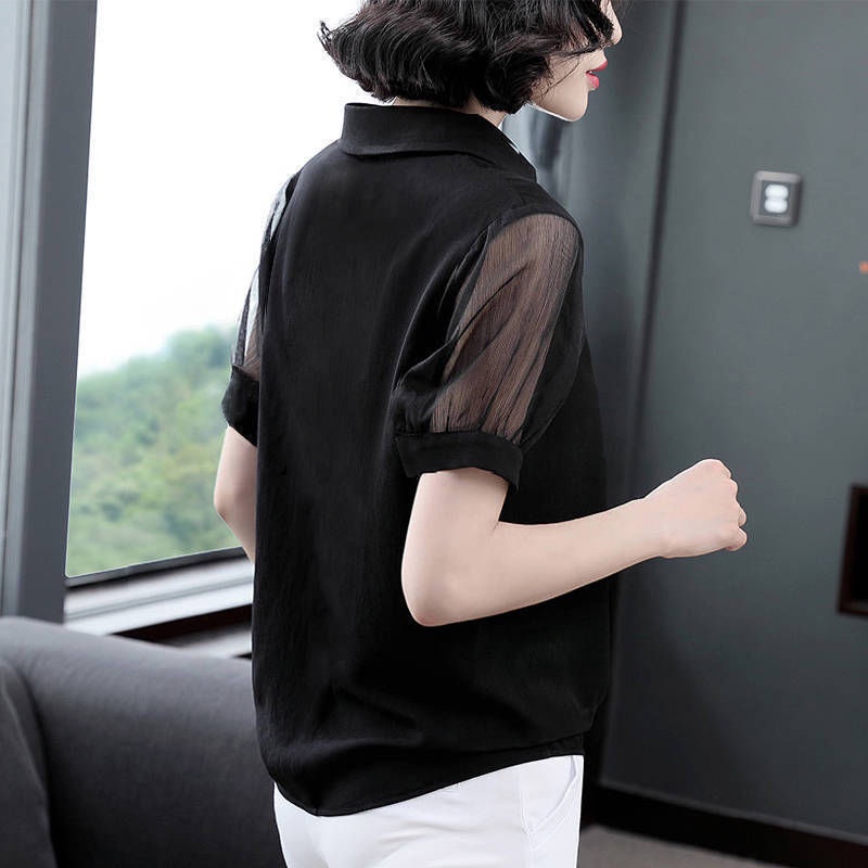 เสื้อชีฟอง-2022-ฤดูร้อนใหม่แขนสั้นสีดำคอวีคลุมท้องขนาดใหญ่ของผู้หญิงเกาหลีเสื้อตาข่ายผู้หญิง