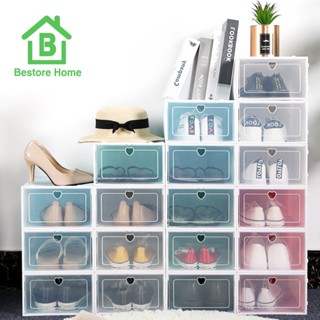 BestoreHome กล่องใส่รองเท้า พับเก็บได้และนำมาต่อกันได้หลายชั้น สีพาสเทล ฝารูปหัวใจ