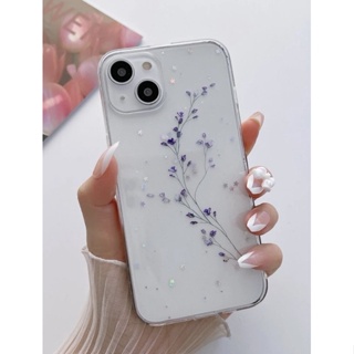 เคสไอโฟนใสเกาหลีมินิมอลดอกไม้ม่วงกากเพชรดาว i7-14promax (Case iphone) เคสมือถือ เคสดอกม่วง เคสดอกไม้ เคสใสสกีน