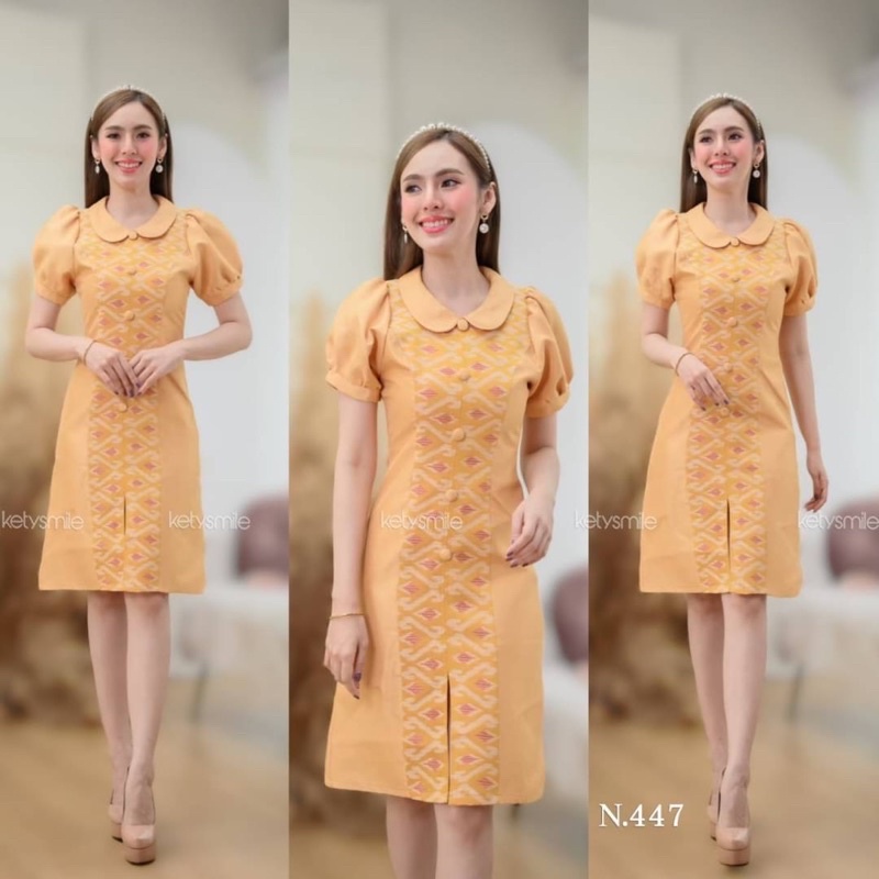 s-2xl-ชุดเดรสผ้าทอลายคอบัว-แต่งด้วยผ้าไหมญี่ปุ่น-แขนตุ๊กตาดูหวาน-งานอัดกาวทั้งชุด