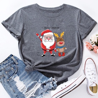 Summer Women Graphic Fashion 100% Cotton T-shirt Christmas Santa Claus Elk Print Female Regular Short Sleeve Round Neck