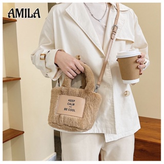 AMILA ผ้าพลัฌ กระเป๋าทรงถัง   น่ารักเรียบง่าย เพศหญิง ฤดูใบไม้ร่วงใหม่ วัสดุขนนุ่ม