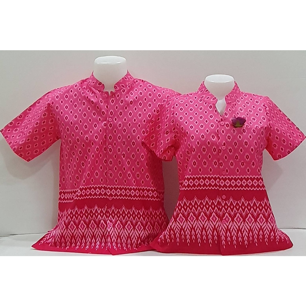 เสื้อลายไทยคอจีน-สีชมพูลายมัดหมี่-ผู้ชาย-ผู้หญิง