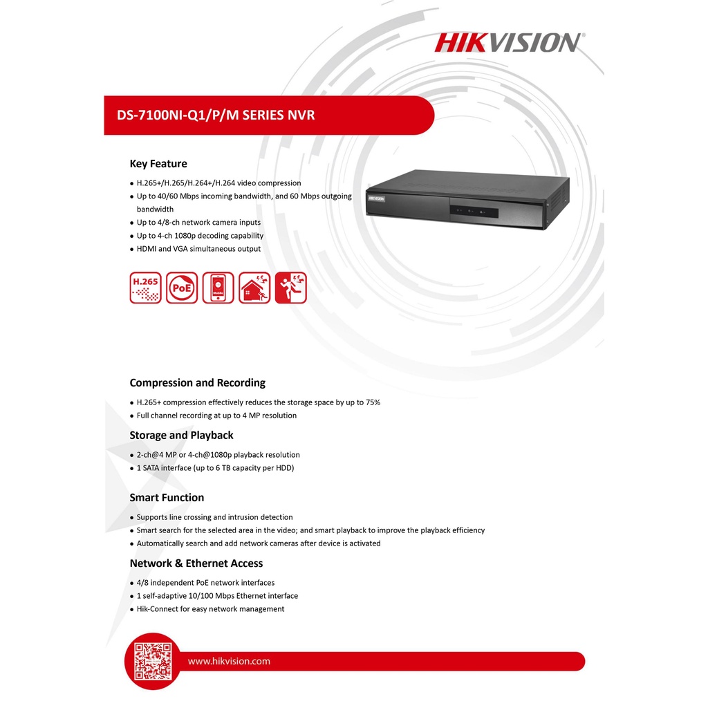 hikvisionเครื่องบันทึกกล้องวงจรปิดip-ds-7104ni-q1-4p-mระบบ-poeจ่ายไฟจากเครื่องไปที่กล้องแต่ละตัวโดยตรง-รองรับกล้องมีไมค์