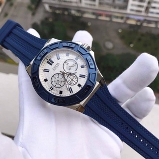 (ผ่อน0%) นาฬิกาชาย สายซิลิโคนสีน้ำเงิน GUESS Mens Silver-Tone Multi-Function Watch  ✔️Size 45 mm.