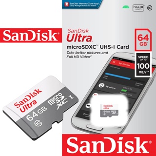 สินค้า Sandisk Ultra Micro SD Card Class10 64GB 100MB/s SDXC (SDSQUNR-064G-GN3MN) เมมโมรี่ การ์ด แซนดิส ประกัน Synnex 7ปี TF Card